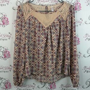 Xhilaration long sleeve gold keyhole, lace, Beige and Blue Patterned Blouse